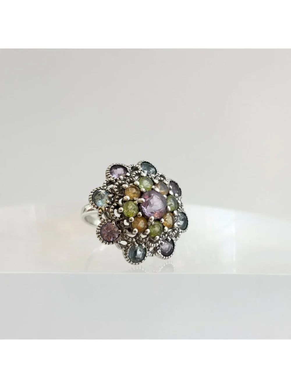 Cluster Rainbow Gemstone Blooming Flower Sterling Silver 925 Vintage Ring - sz 6